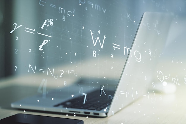 Creative scientific formula illustration on modern computer background science and research concept Multiexposure