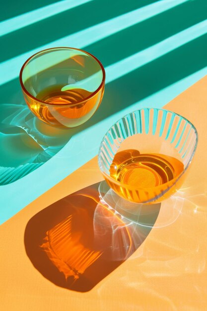 A creative setup of everyday objects casting colorful shadows under orange and teal gels