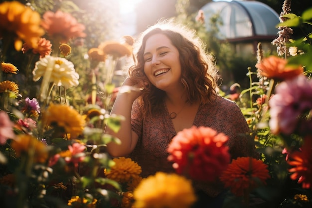 A creative shot of a plus size woman surrounded by vibrant and colorful flowers in a garden Generative AI