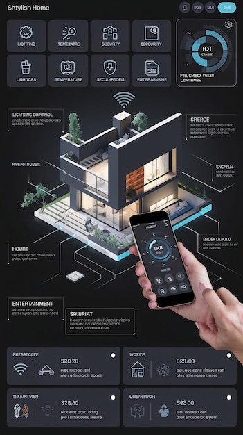 Photo creative smart home device with dark theme infographics shown on display and icons with functions