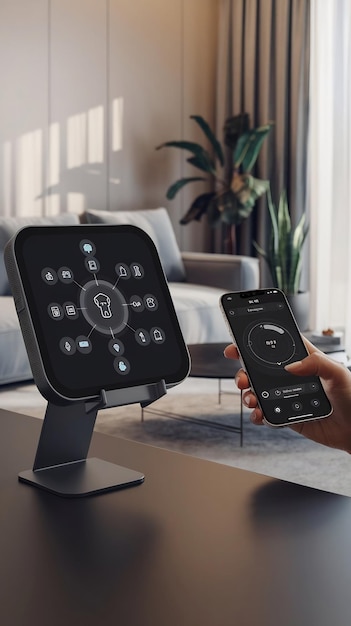 Photo creative smart home device with dark theme infographics shown on display