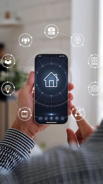 Photo creative smart home device with light theme infographics shown on display and icons around display