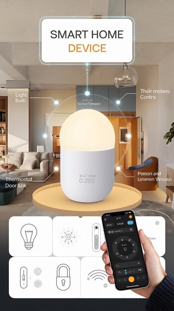 Photo creative smart home device with light theme infographics shown on display with concept icons