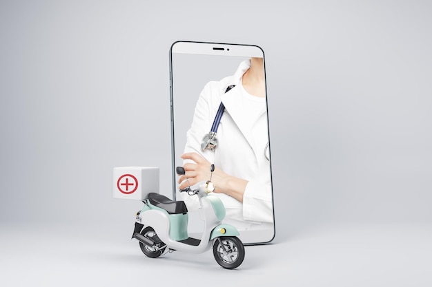 Creative smartphone with doctor on screen and scooter on grey background Medical delivery health and medicine concept 3D Rendering