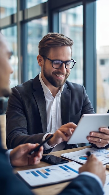 Creative smiling businessman working on a tablet during a meeting with a team