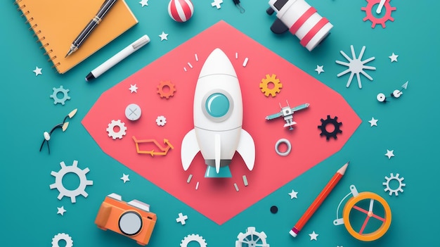 Creative Space Themed Flat Lay with Rocket and Office Supplies on Colorful Background for Design