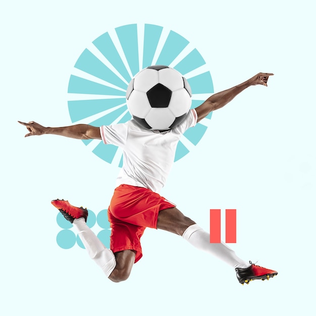 Creative sport and geometric style. Football, soccer player in action, motion on blue background. Negative space to insert your text or ad. Modern design. Contemporary colorful and bright art collage.