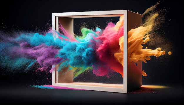 Creative square frame with abstract splash from colorful powder or dust on a black background copy space