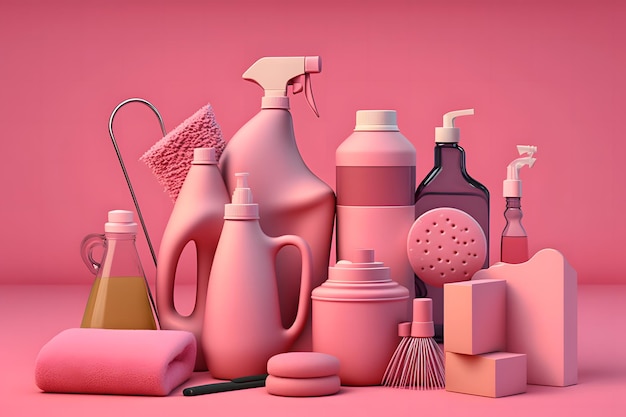 Creative still life with supplies for cleaning or housekeeping on podiums over pink background Neural network AI generated