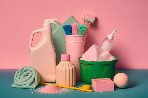 Creative still life with supplies for cleaning or housekeeping on podiums over pink background Neural network AI generated