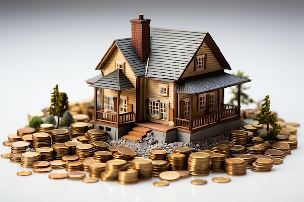 Creative stock photo displays a small house model and a pile of coins on a clean white background