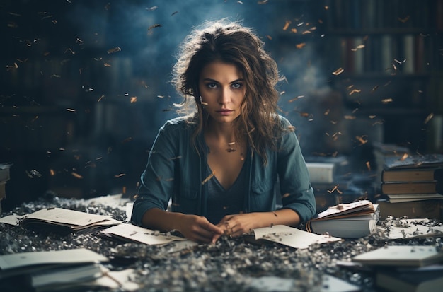 Creative struggle depressed woman among books and torn papers