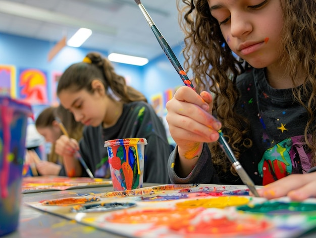 Creative students engaged in an art class using paint and brushes