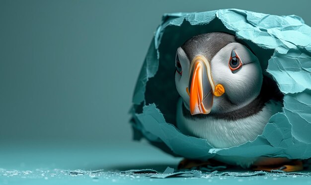 Creative studio photo of a little puffin sitting in a blue paper nest