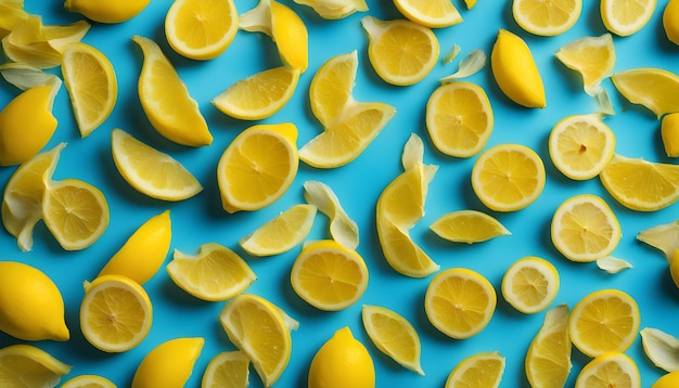 Creative summer layout made of lemon and yellow flower petals on bright blue background