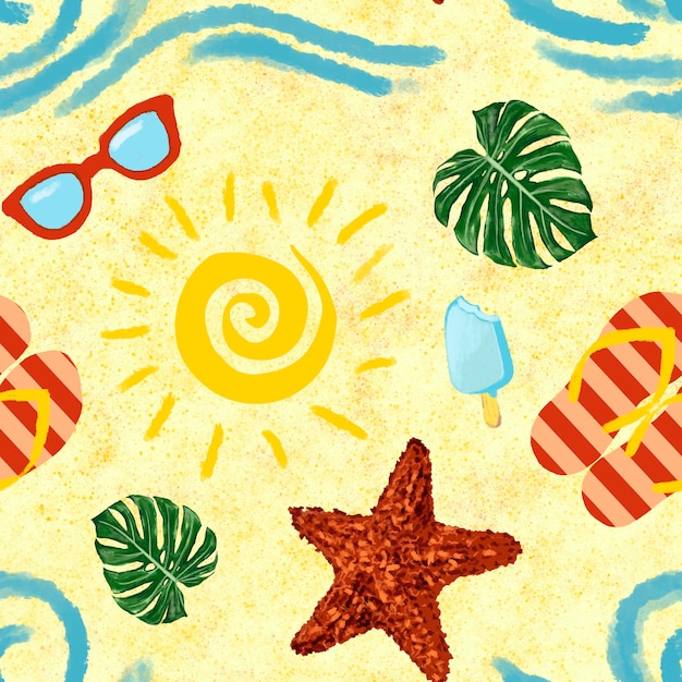 Creative summer minimalistic background Abstract Yellow sea sand texture seamless pattern with sun sea star ice cream sunglasses palm leaves sea waves nature background