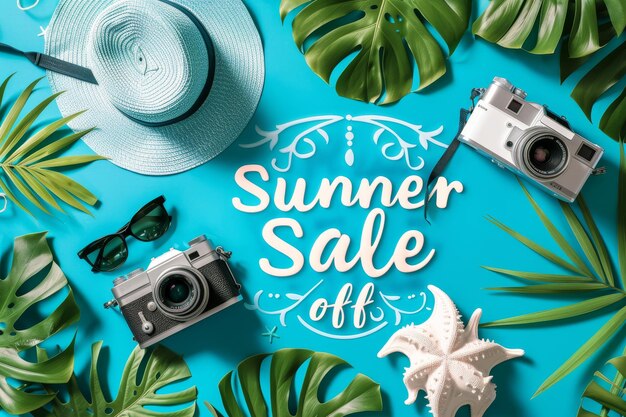 Photo creative summer sale banner with beach tropical leaves hat sunglasses camera and text summer sale 50 off ar 32 style raw job id 3fd2ea0518794a2689149eae418e65d9