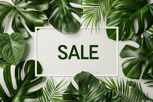 Photo creative summer sale concept design banner mockup featuring a minimalist white background framed by tropical leaves with sale text displayed in top view