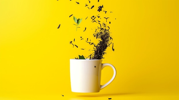 Photo creative tea explosion with leaves and a white cup on yellow background