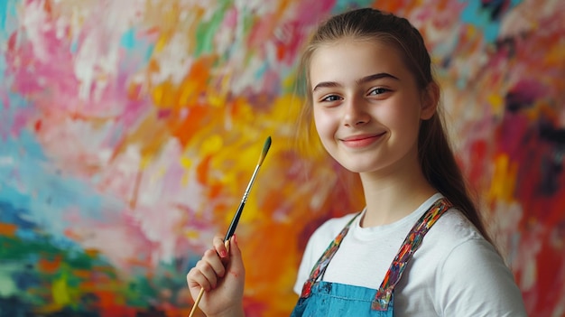 Photo creative teenage girl holding a paintbrush inspiring art potential and joyful expression