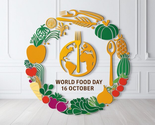 Photo creative text of world food day with fruits on earth globe background for 16th october