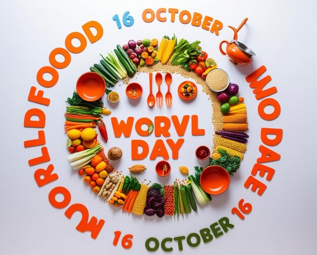 Photo creative text of world food day with fruits on earth globe background for 16th october