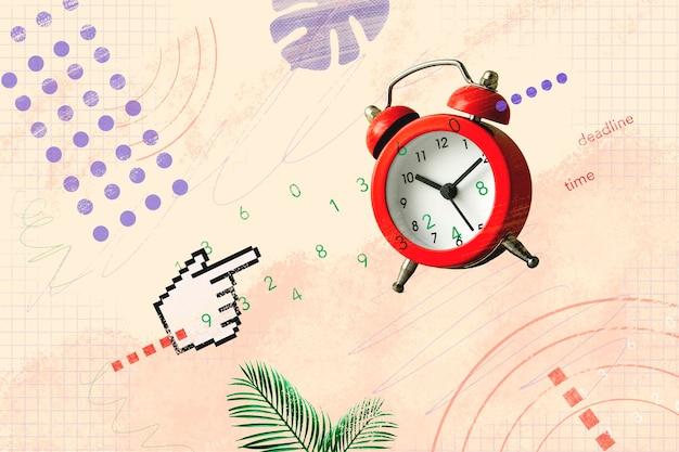 Creative trend collage alarm clock and pixel mouse pointer