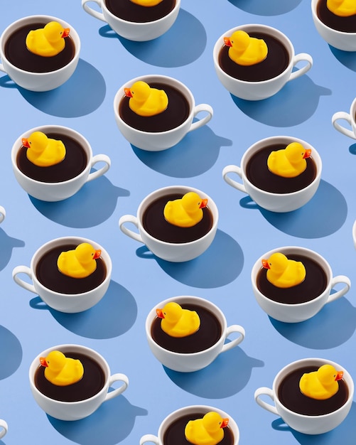 Creative trendy pattern made of coffee cup with a yellow rubber duck on a blue background