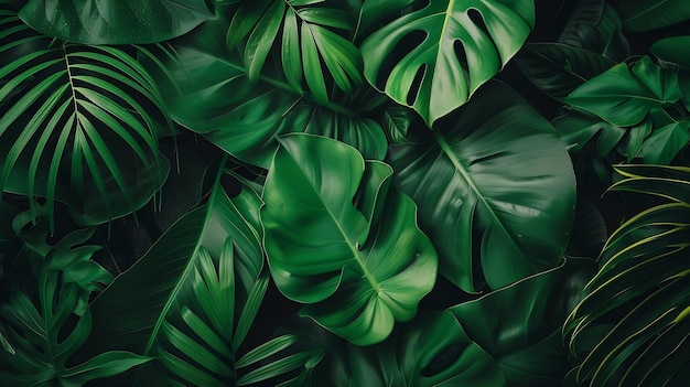 Creative tropical green leaves layout Nature spring concept Flat lay Generative AI