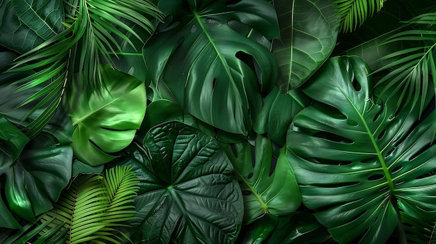 Creative tropical green leaves layout Nature spring concept Flat lay Generative AI