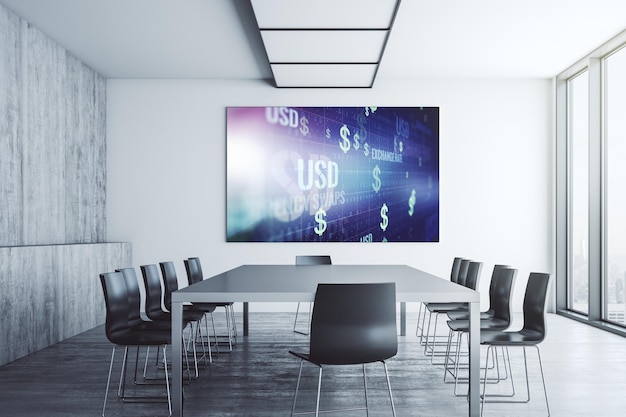 Creative USD symbols hologram on presentation tv screen in a modern meeting room. Banking and investing concept. 3D Rendering