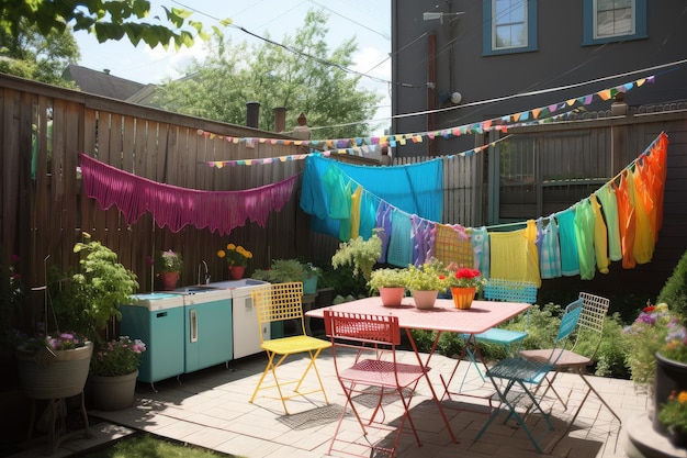 Creative use of clothesline to add color and whimsy to outdoor space