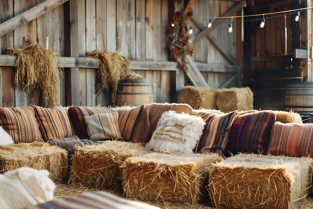 Photo creative use of hay bales as rustic furniture in a serene countryside setting natural and cozy decor theme