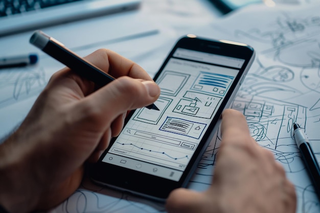 Photo creative ux designer using stylus to create mobile app interface on smartphone