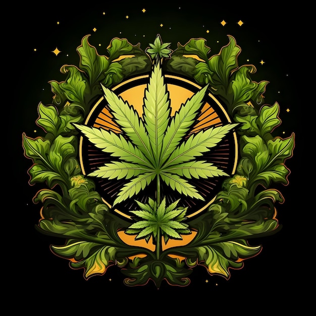 Creative and vibrant badge illustration design for cannabis weed marijuana hemp leaf