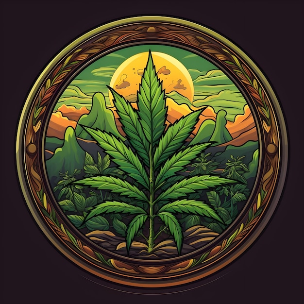 Photo creative and vibrant badge illustration design for cannabis weed marijuana hemp leaf