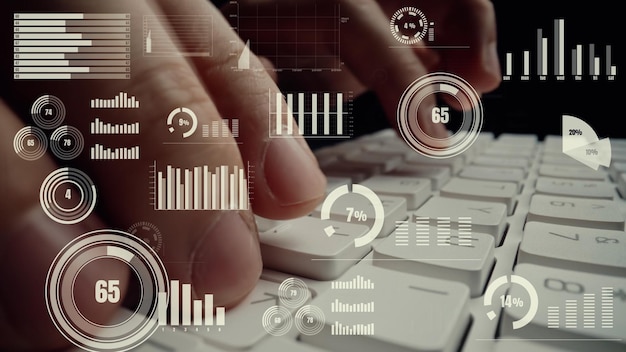 Creative visual of business big data and finance analysis on computer showing concept of statistical investment decision making methodology fintech and financial engineering