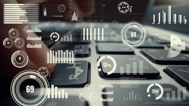 Creative visual of business big data and finance analysis on computer showing concept of statistical investment decision making methodology fintech and financial engineering