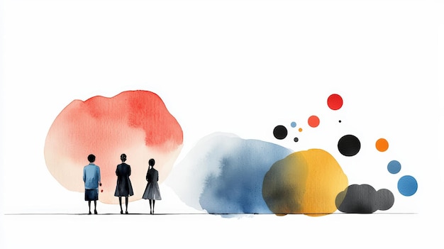 Photo a creative watercolor illustration featuring three figures against vibrant abstract shapes evoking a sense of imagination and exploration