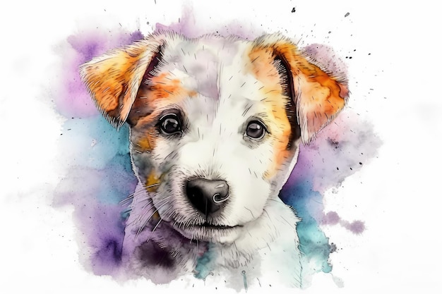 Creative watercolor splash style drawing of happy dog puppy