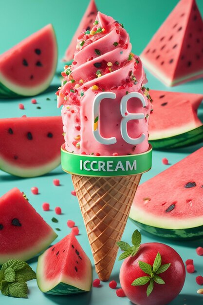 Photo creative watermelon ice cream cone with sprinkles and lots of delicious watermelon sauce