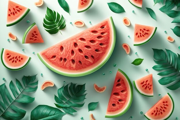 Creative watermelon layout Summer trendy bright pattern with sliced watermelon and tropical leaves AI Generation