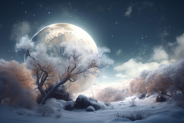 Creative winter landscape tree moon Generate Ai