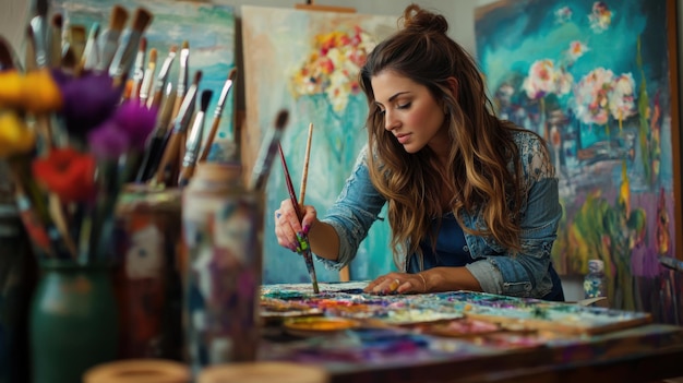 Photo creative woman artist working on a canvas in her art studio surrounded by colorful paint and brushes