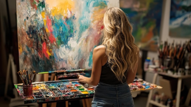 Photo creative woman artist working on a canvas in her art studio surrounded by colorful paint and brushes