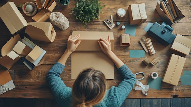 Photo creative woman designing packaging on light wooden table