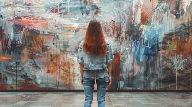 Creative Woman Standing in Front of Large Painting at Student Art Exhibition