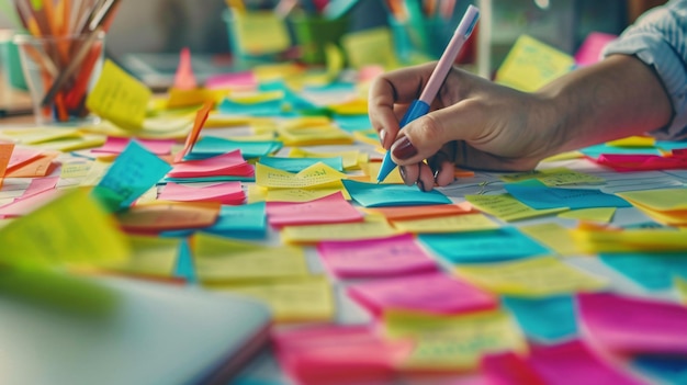 A creative workspace covered in colorful sticky notes each with a different task idea or reminder