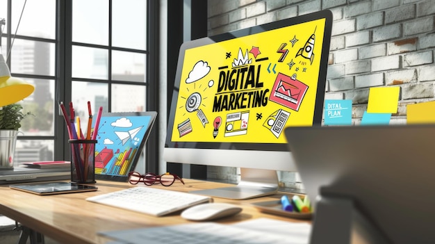 A creative workspace featuring a colorful digital marketing poster above a desk with a computer glasses and various office supplies