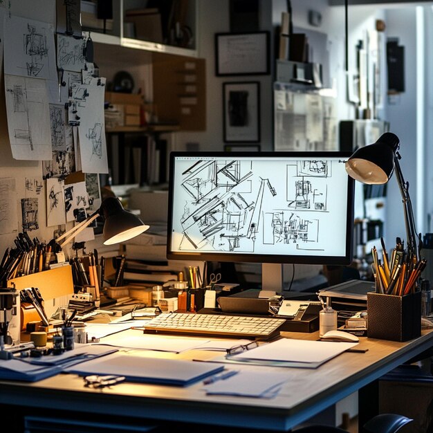 Photo a creative workspace filled with sketches models and design tools for industrial engineering